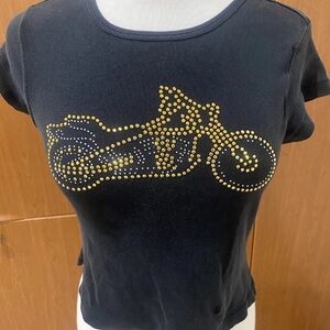 Edgy Black Short Sleeve Tee with Gold Motorcycle Design